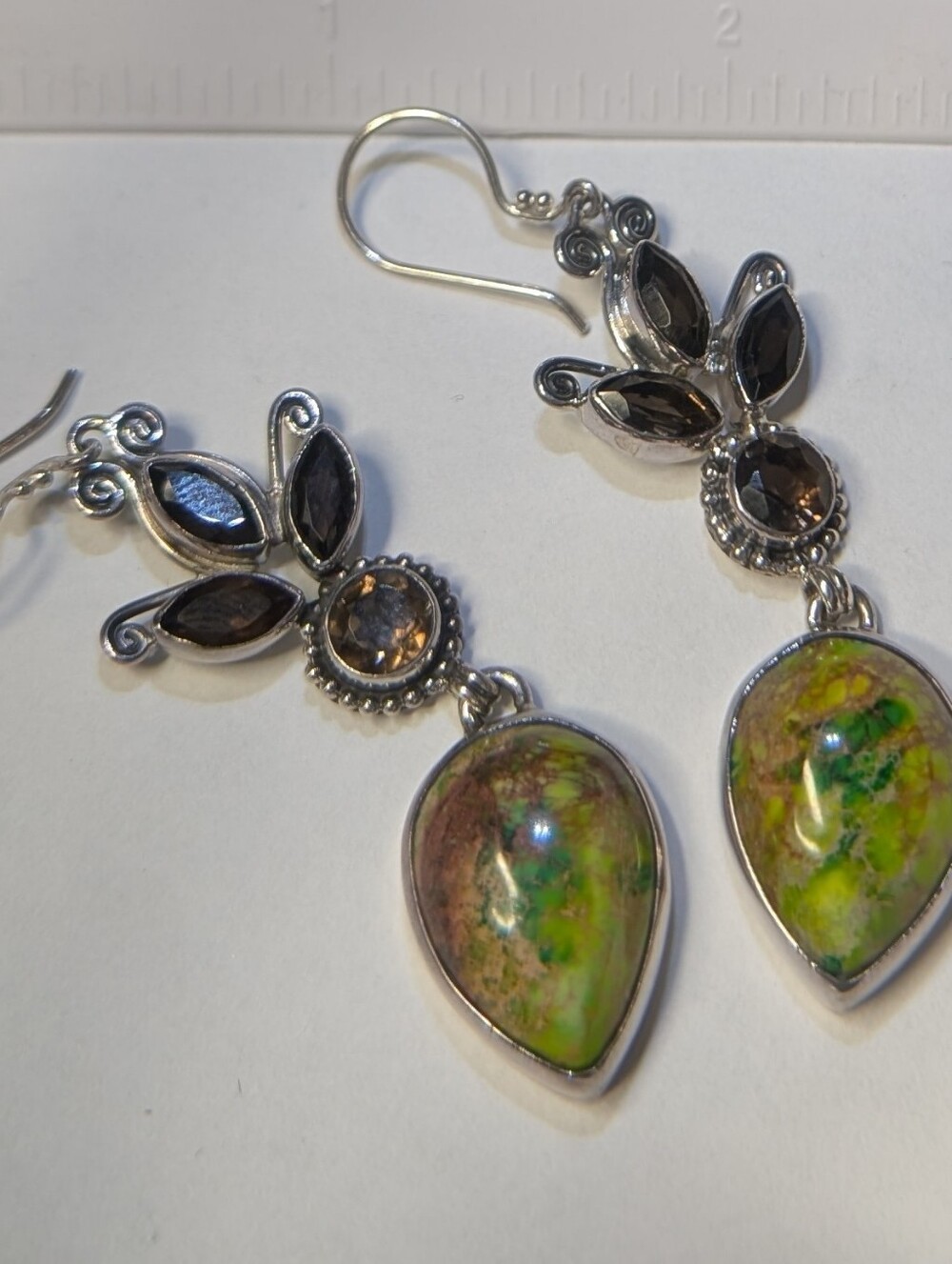Green Common Opal And Smoky Quartz Earrings